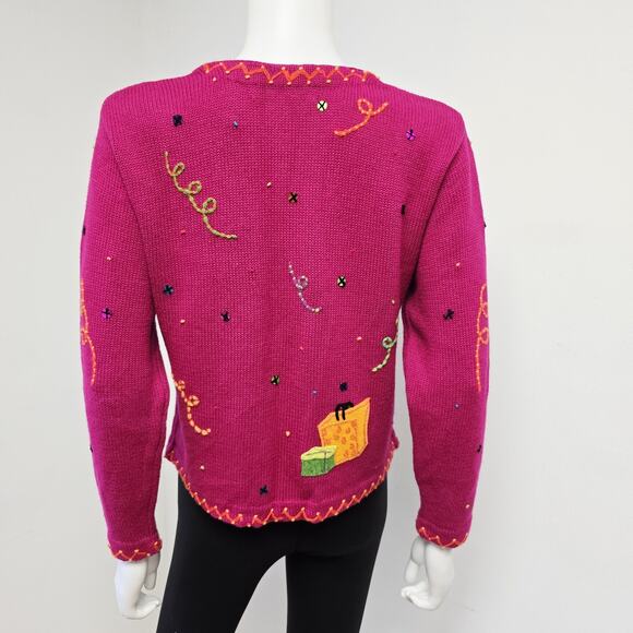 Susan Bristol PS Petite Small Cardigan Party Presents Holiday Pink Button Front - Picture 3 of 11